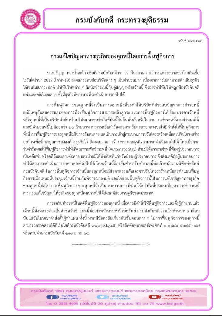﻿การแก้ไขปัญหาทางธุรกิจของลูกหนี้โดยการฟื้นฟูกิจการ